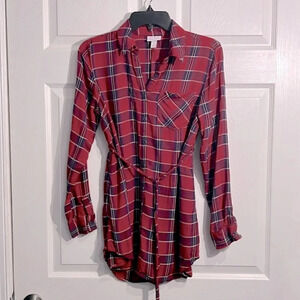 Isabel Maternity Red & Blue Plaid Long Shirt with Removable Tie Belt Size XS